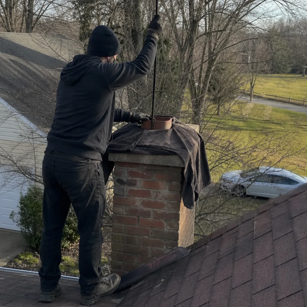 Professional chimney sweep cleaning a residential brick chimney on a roof.
