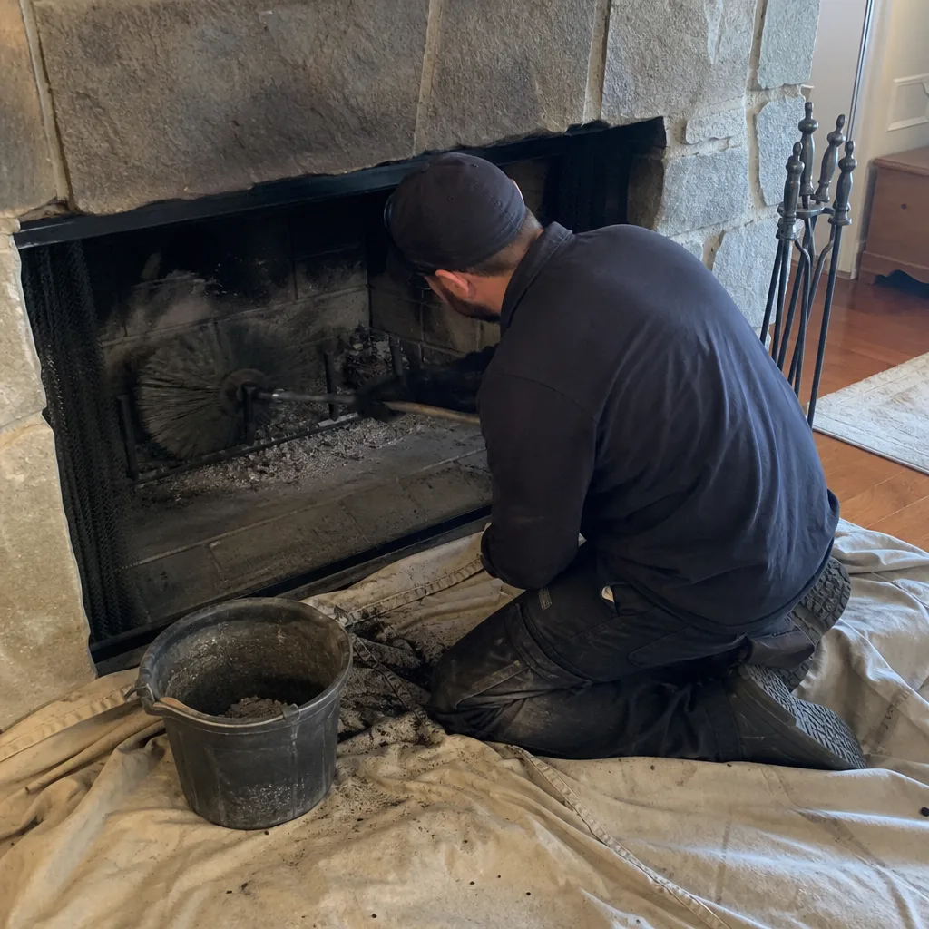 Professional chimney sweep cleaning a stone fireplace with a brush